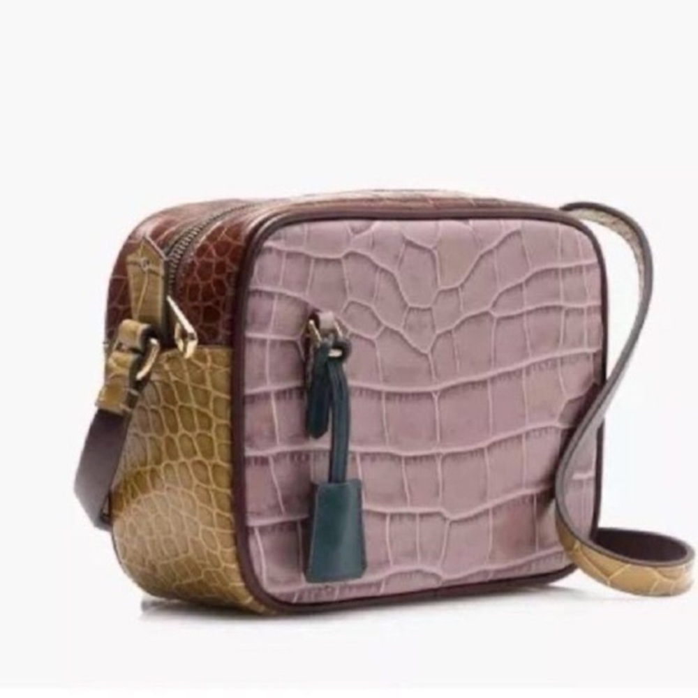 J. Crew Purple and Brown Colorblocked Croc Embossed Leather Crossbody Bag